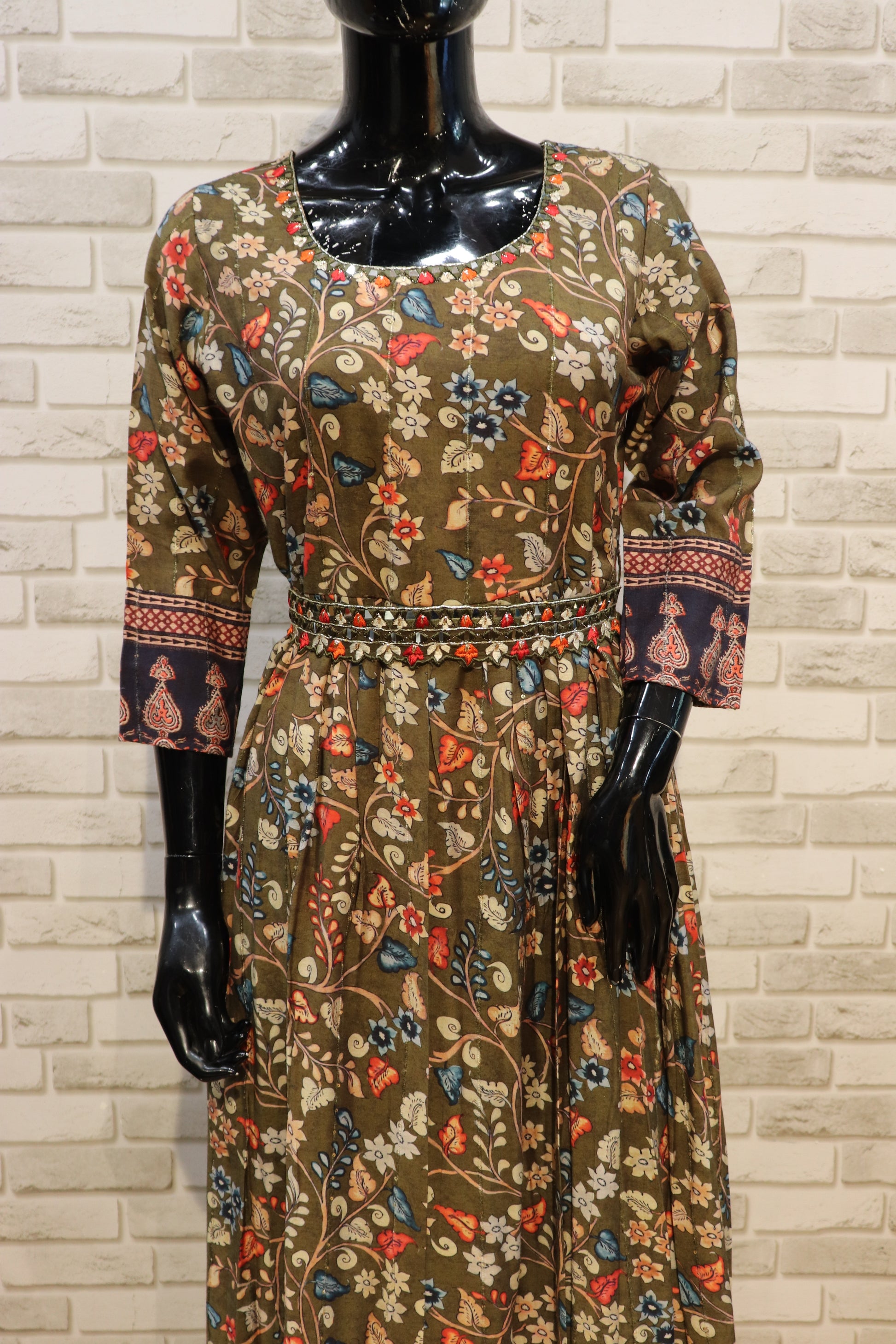Pure Muslin Flower Print. Gown Kurti- Khaki