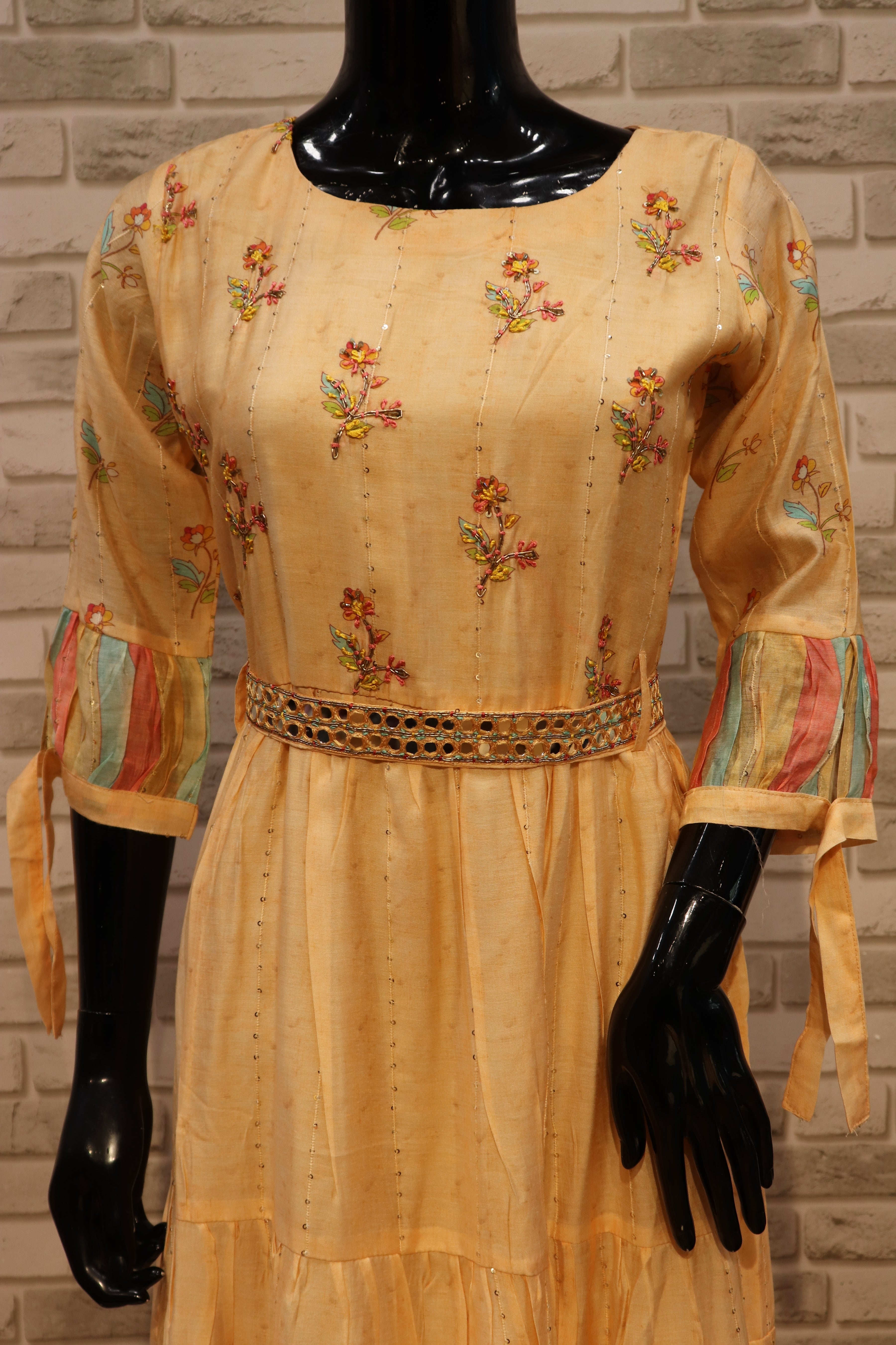 Image of Pure Muslin with Print & Handwork, Gown Kurti - Marigold Orange