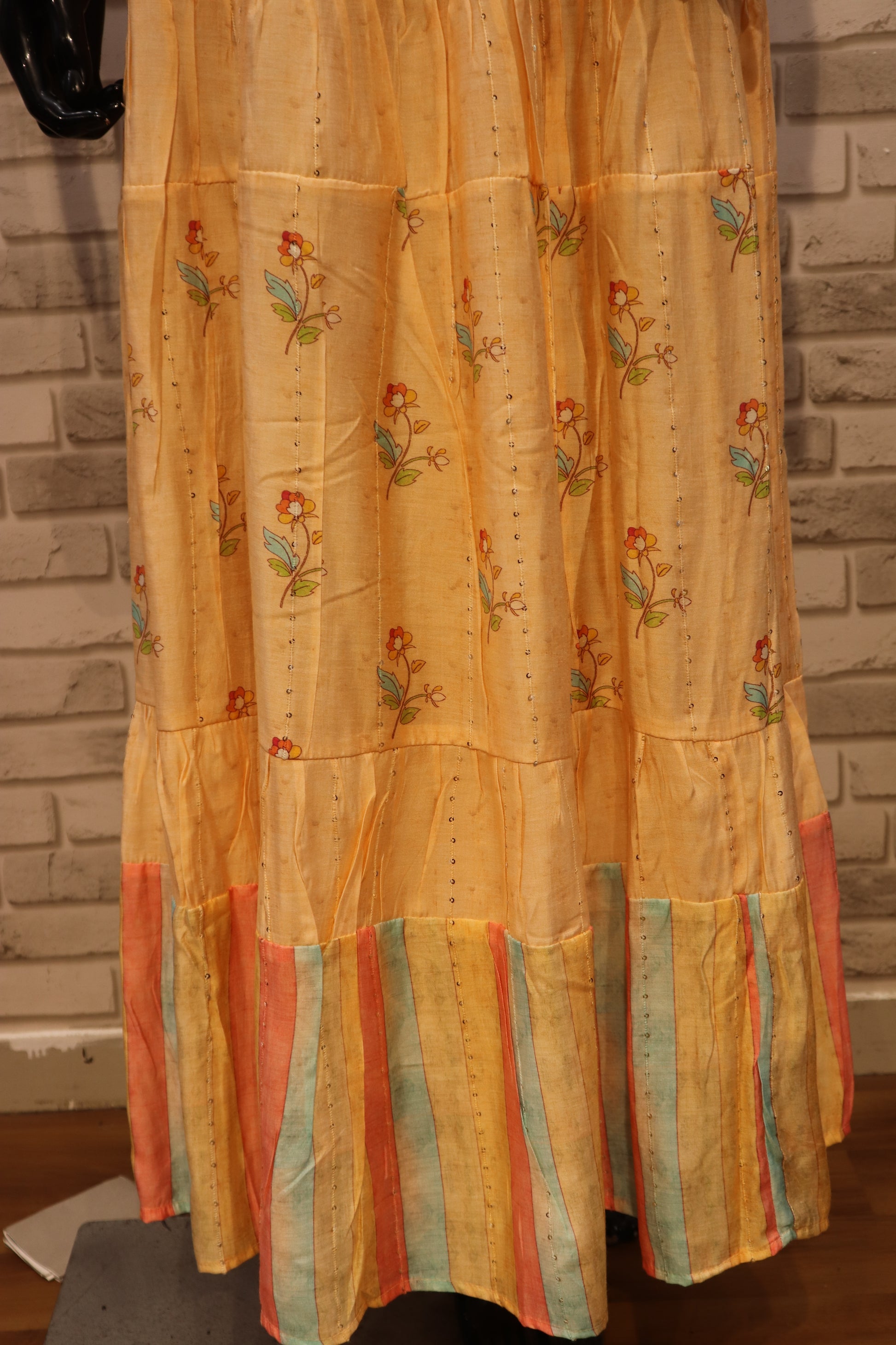 Pure Muslin with Print & Handwork, Gown Kurti - Marigold Orange