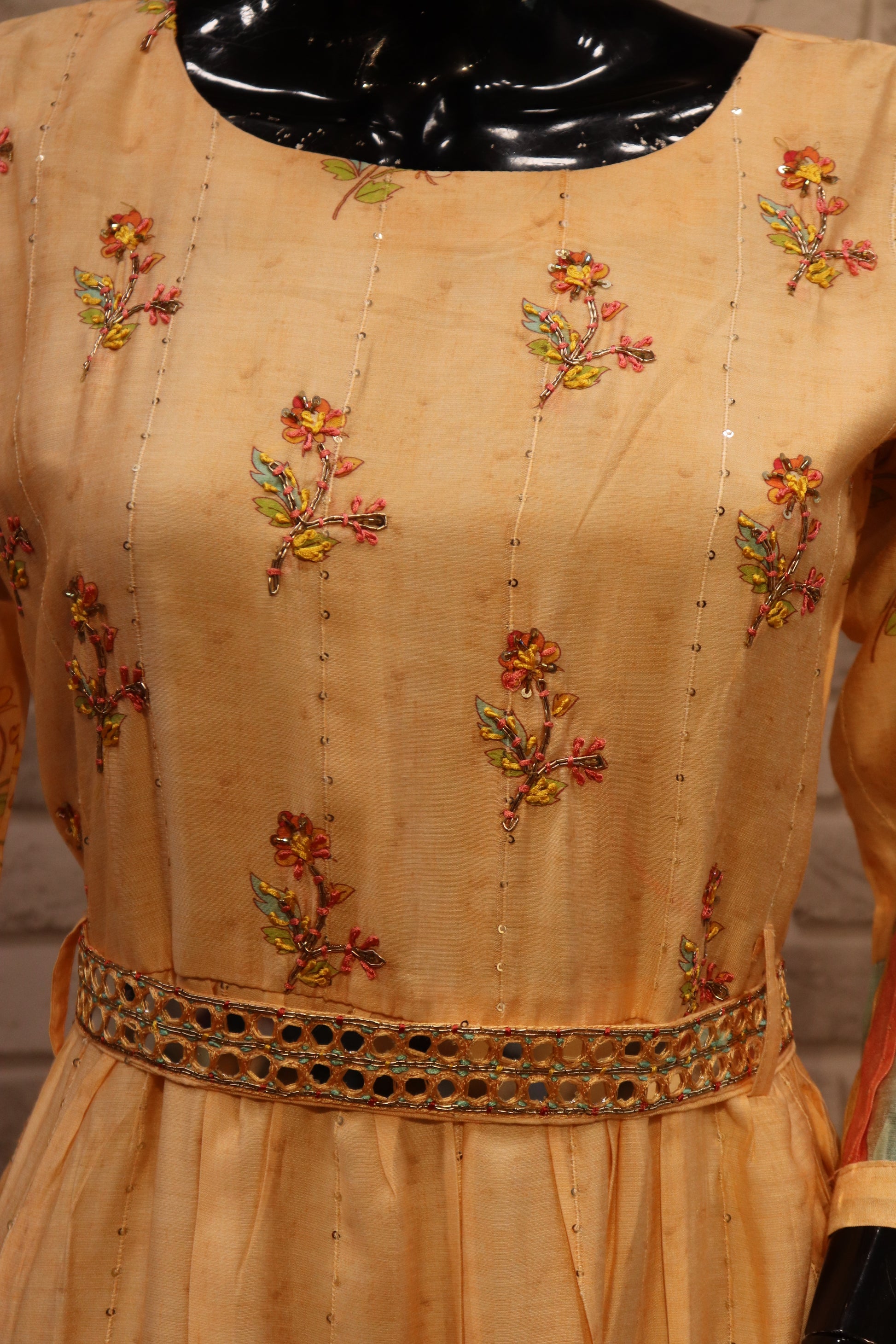 Pure Muslin with Print & Handwork, Gown Kurti - Marigold Orange