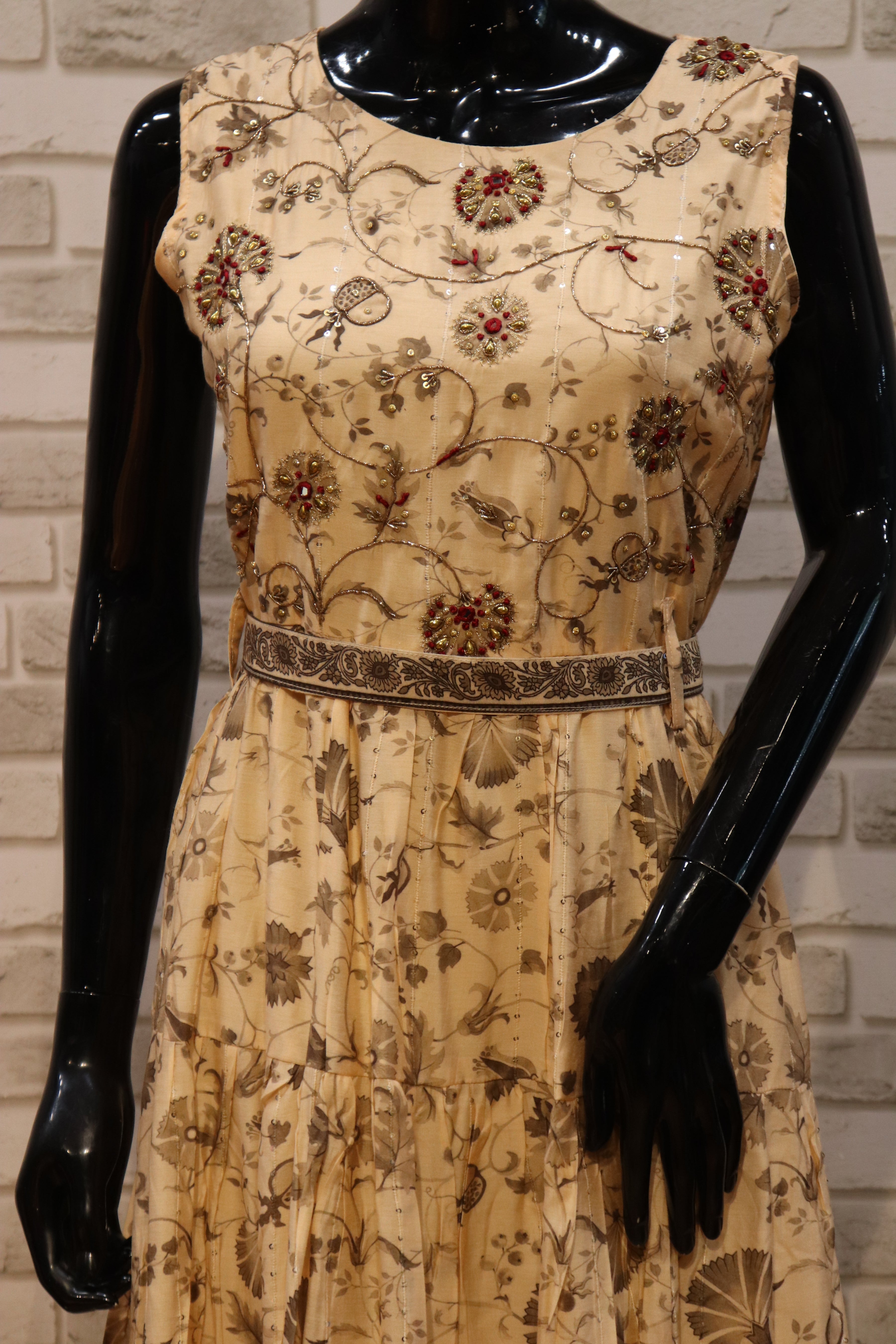 Image of Pure Muslin with sequence flower print, Gown Kurti - Salmon Pink