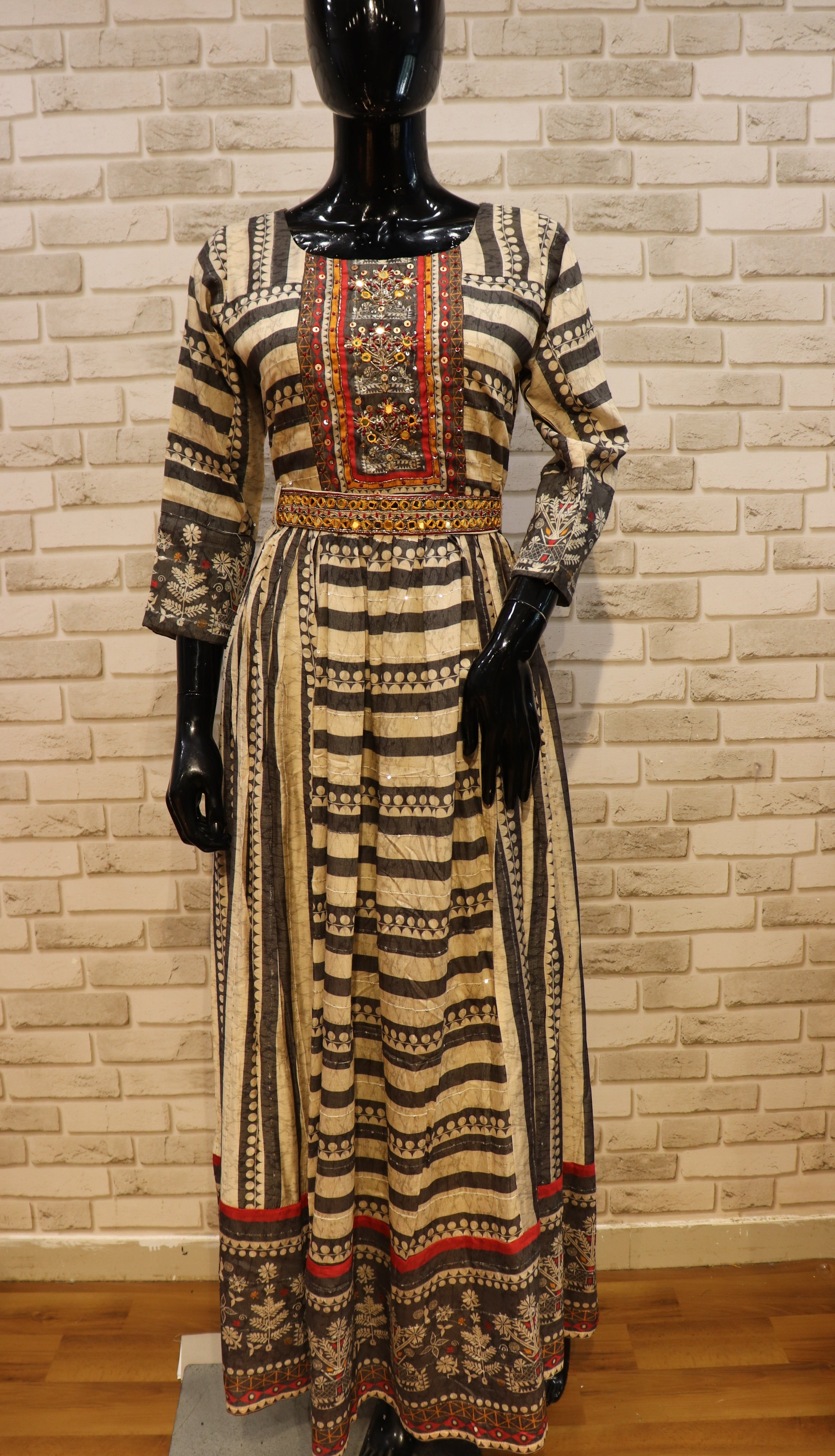 Image of Pure Muslin Chevron Pattern Gown Kurti - Creamy Dove