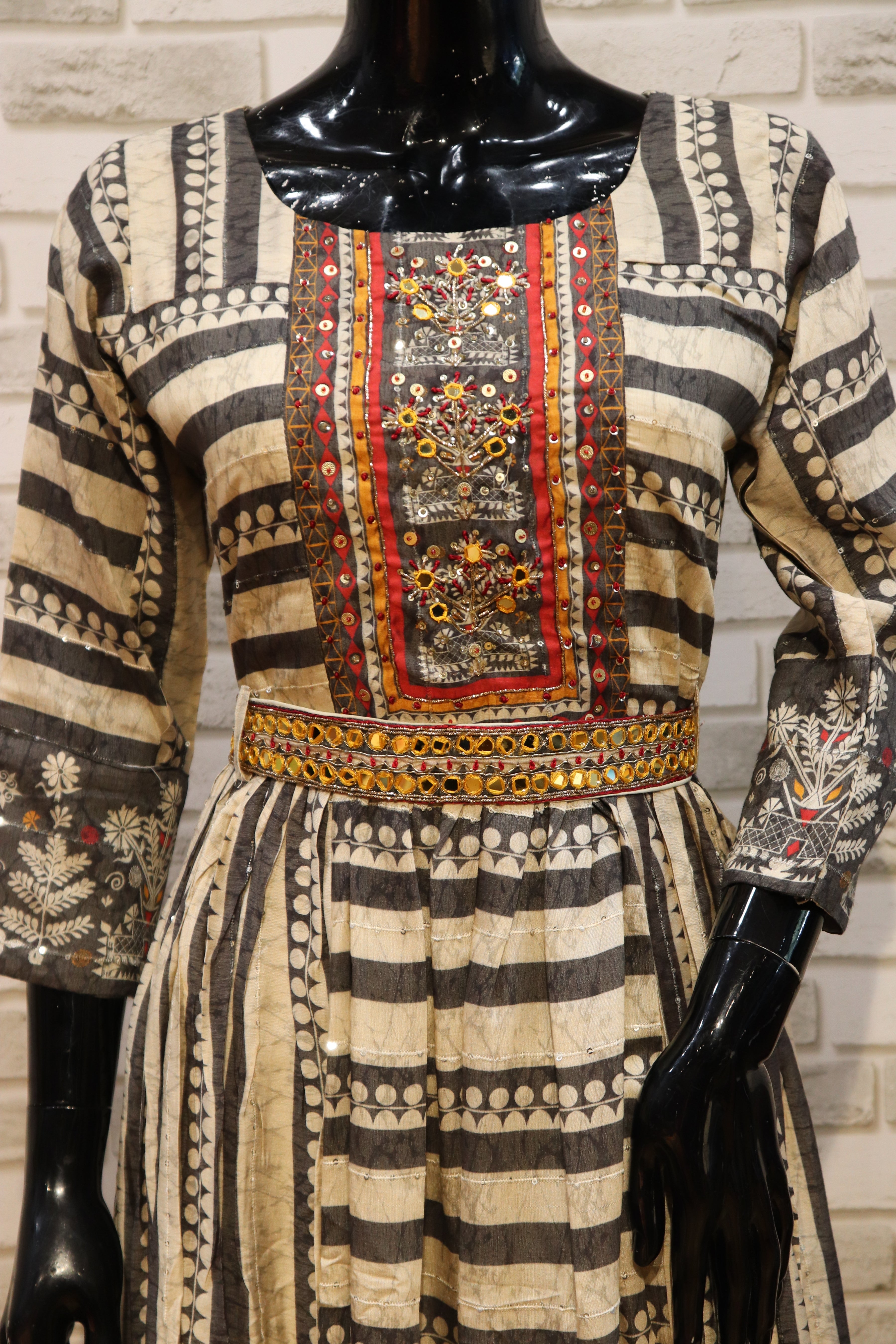 Image of Pure Muslin Chevron Pattern Gown Kurti - Creamy Dove