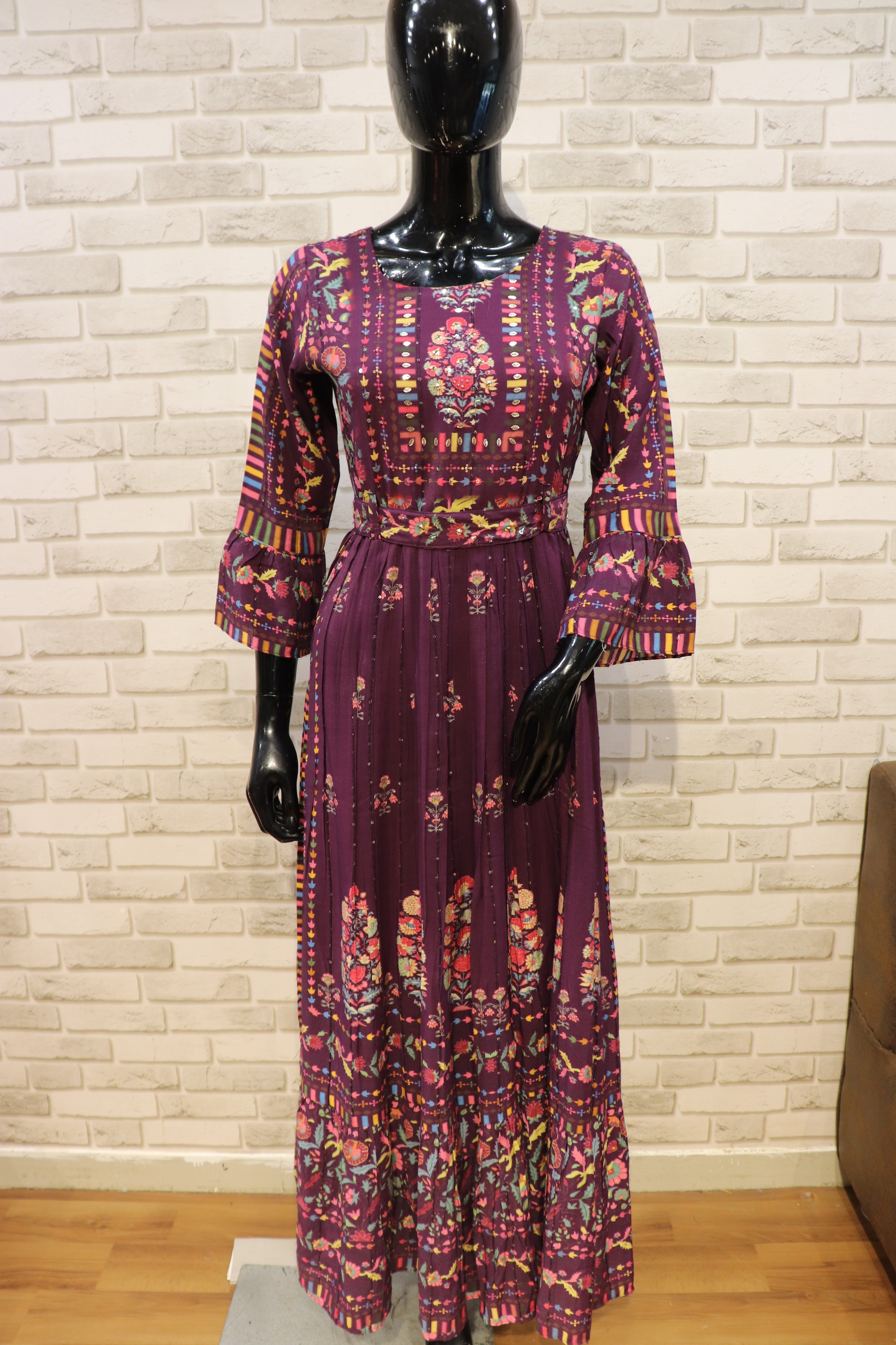 Image of Pure Muslin with Sequence Mirror Gown Kurti - Purple