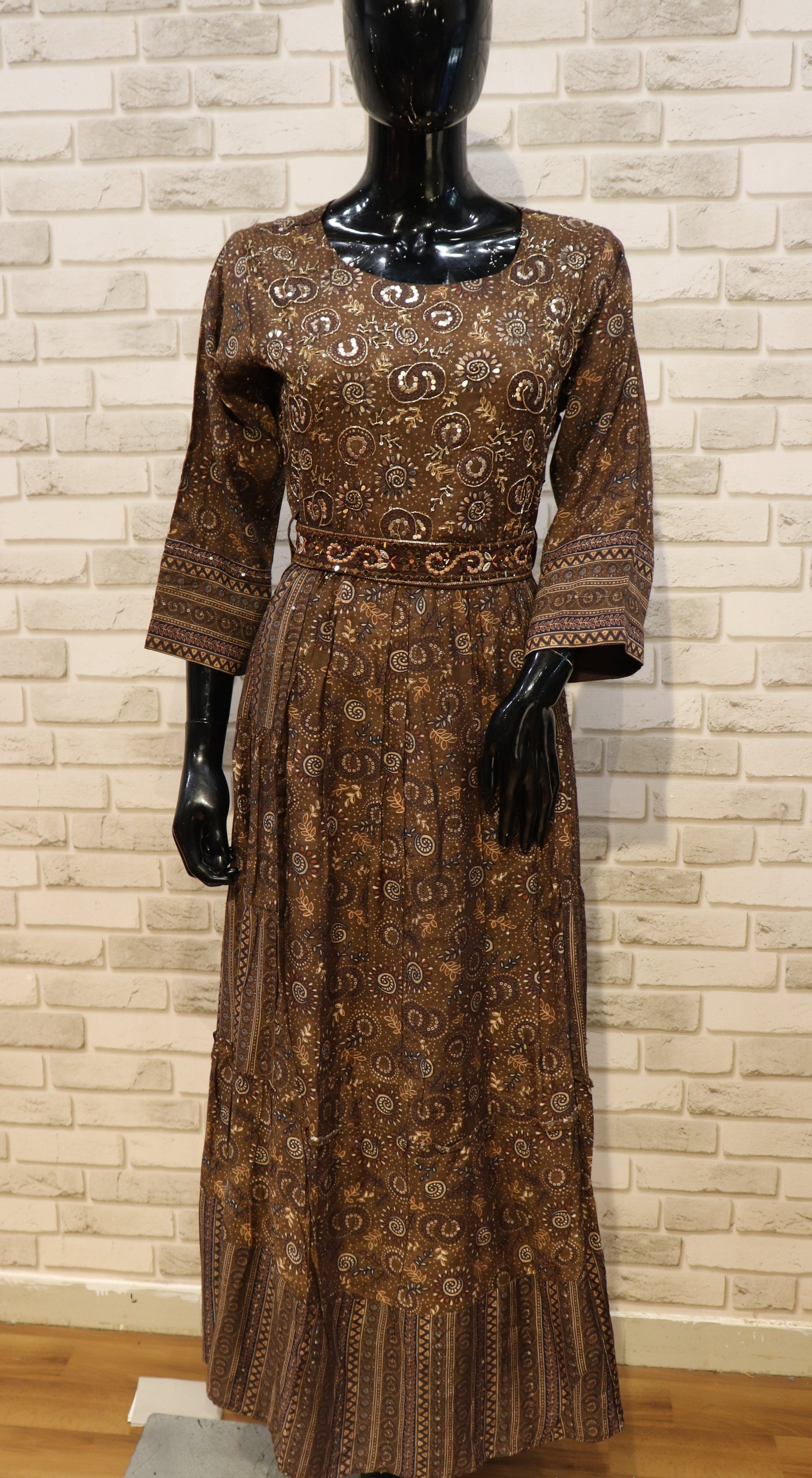 Pure Muslin with Sequence Mirror Gown Kurti - Brown