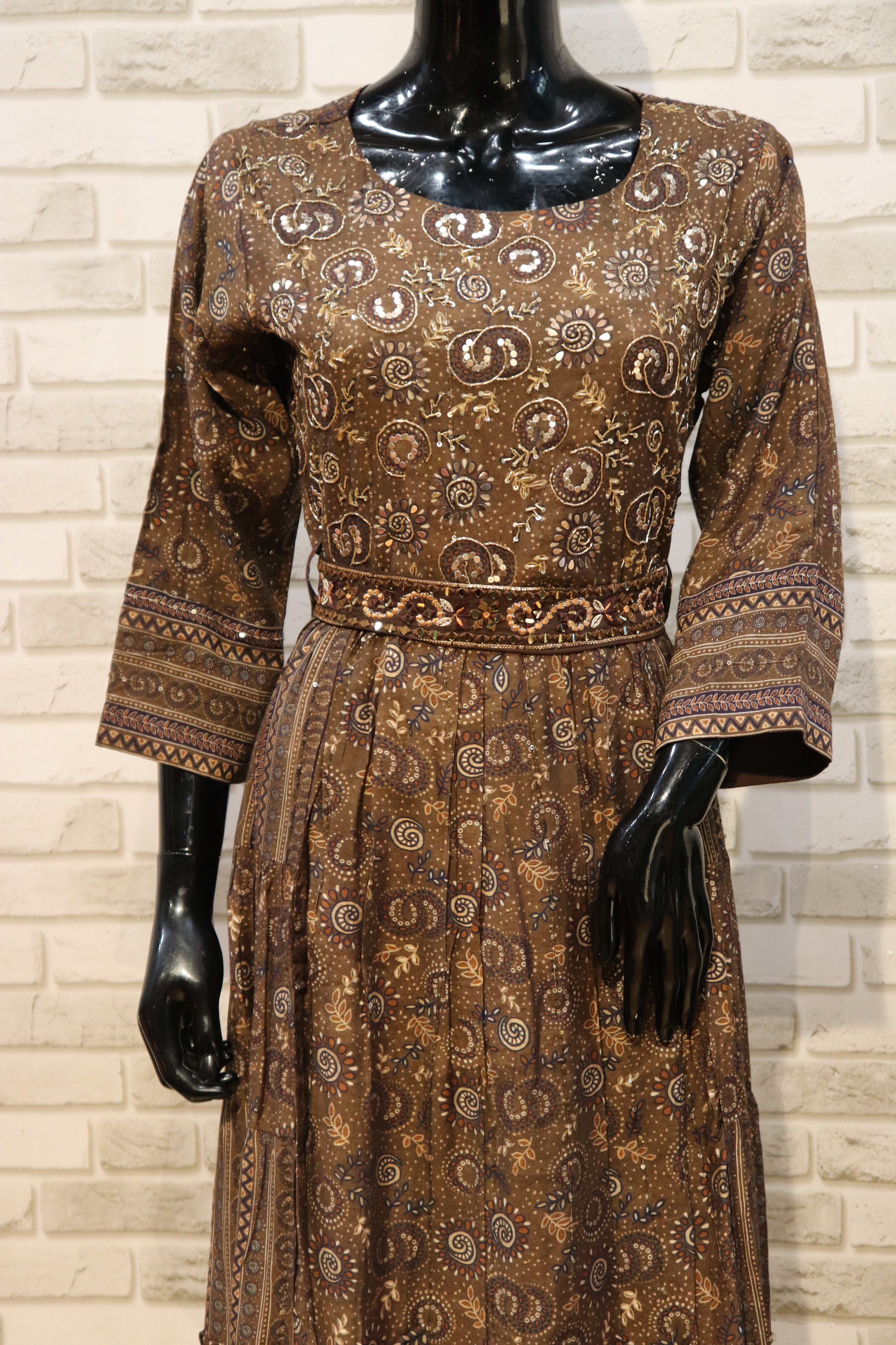 Image of Pure Muslin with Sequence Mirror Gown Kurti - Brown