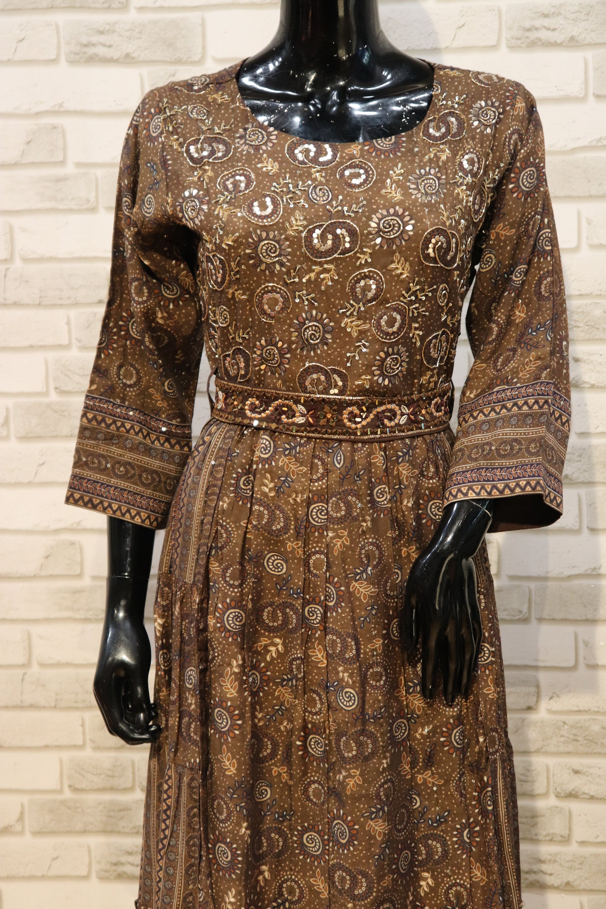Pure Muslin with Sequence Mirror Gown Kurti - Brown