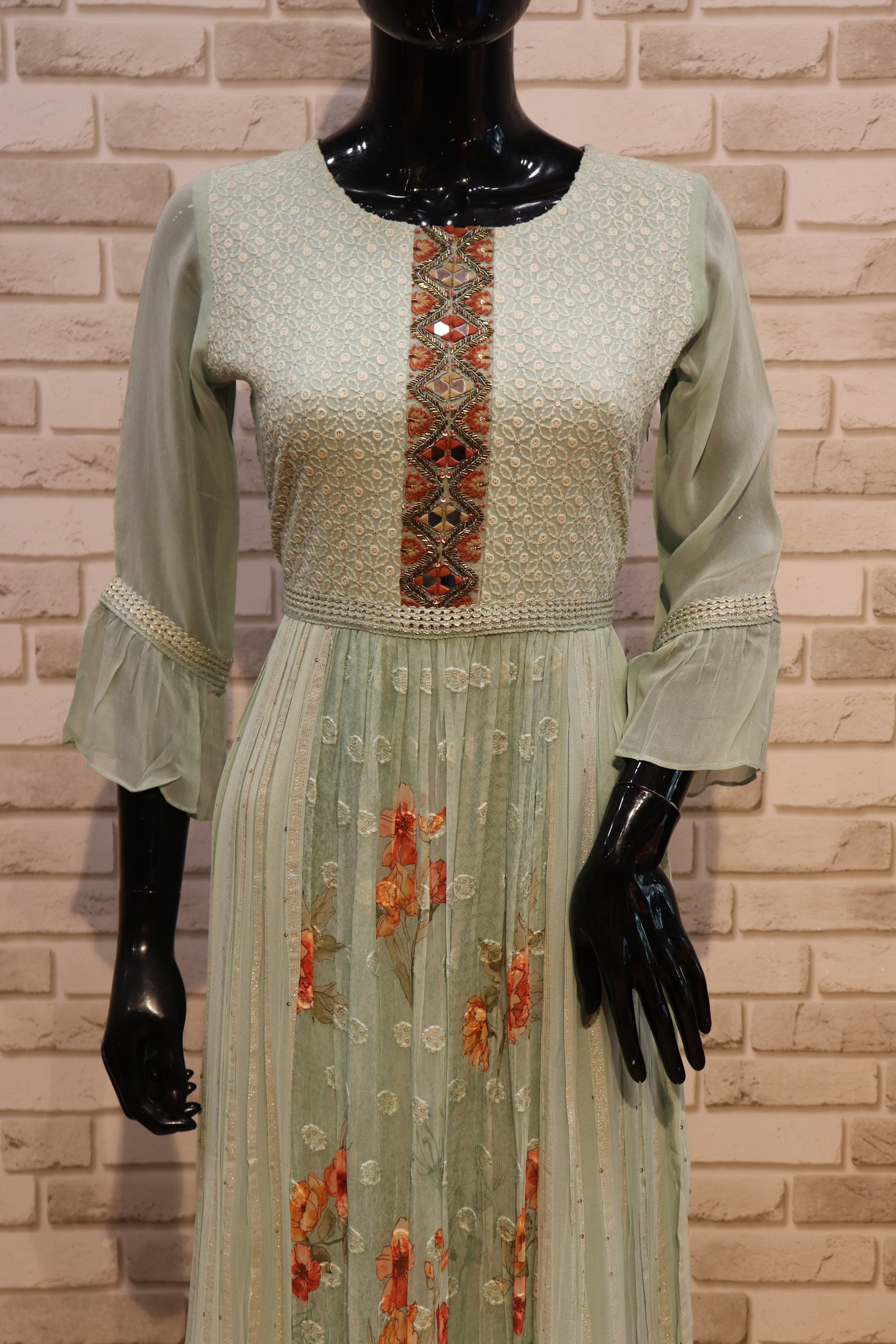 Image of Pure Georgette Sequence Embroidery Gown Kurti - Sky Blue