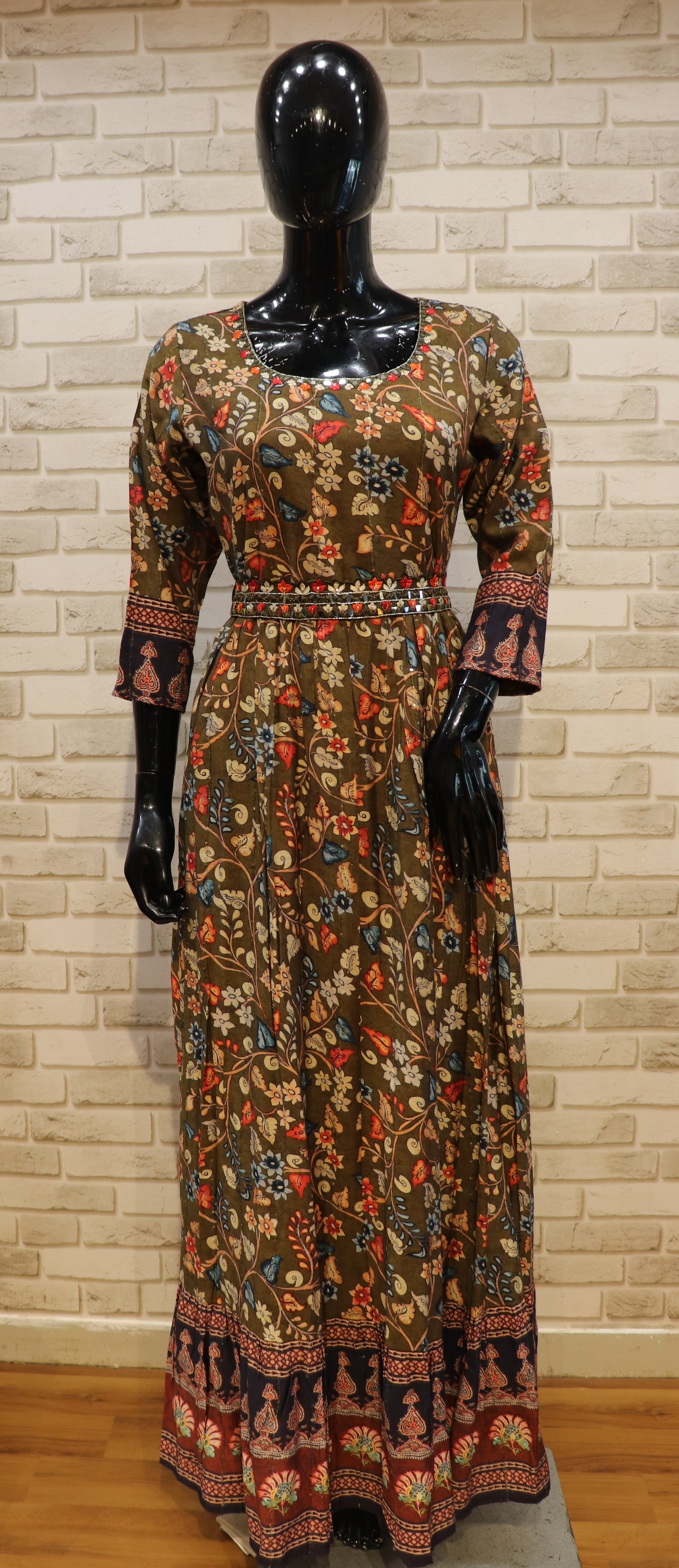 Pure Muslin Mehandi Green Gown- Kurti