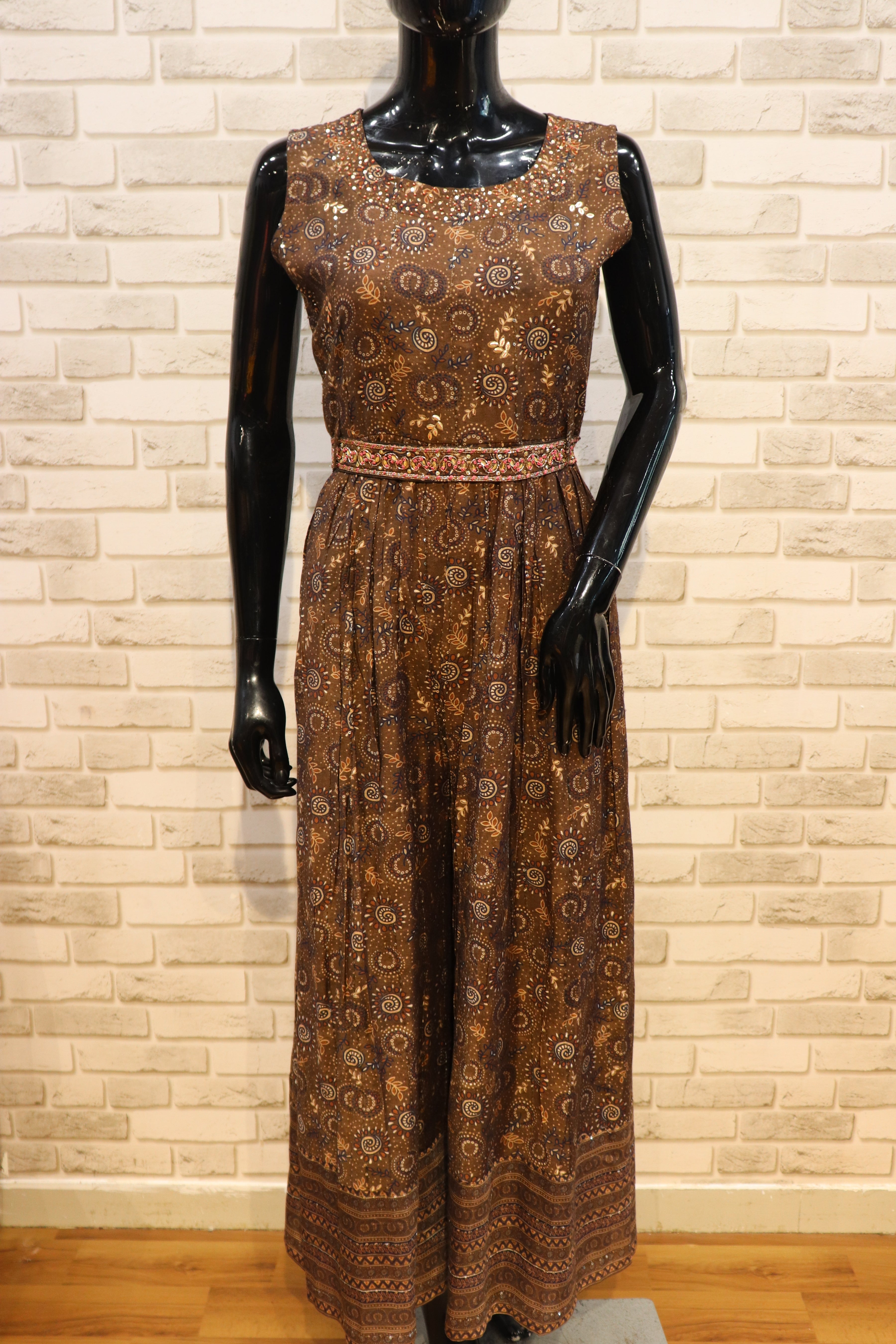 Image of Pure Muslin Brown Jumpsuit with work