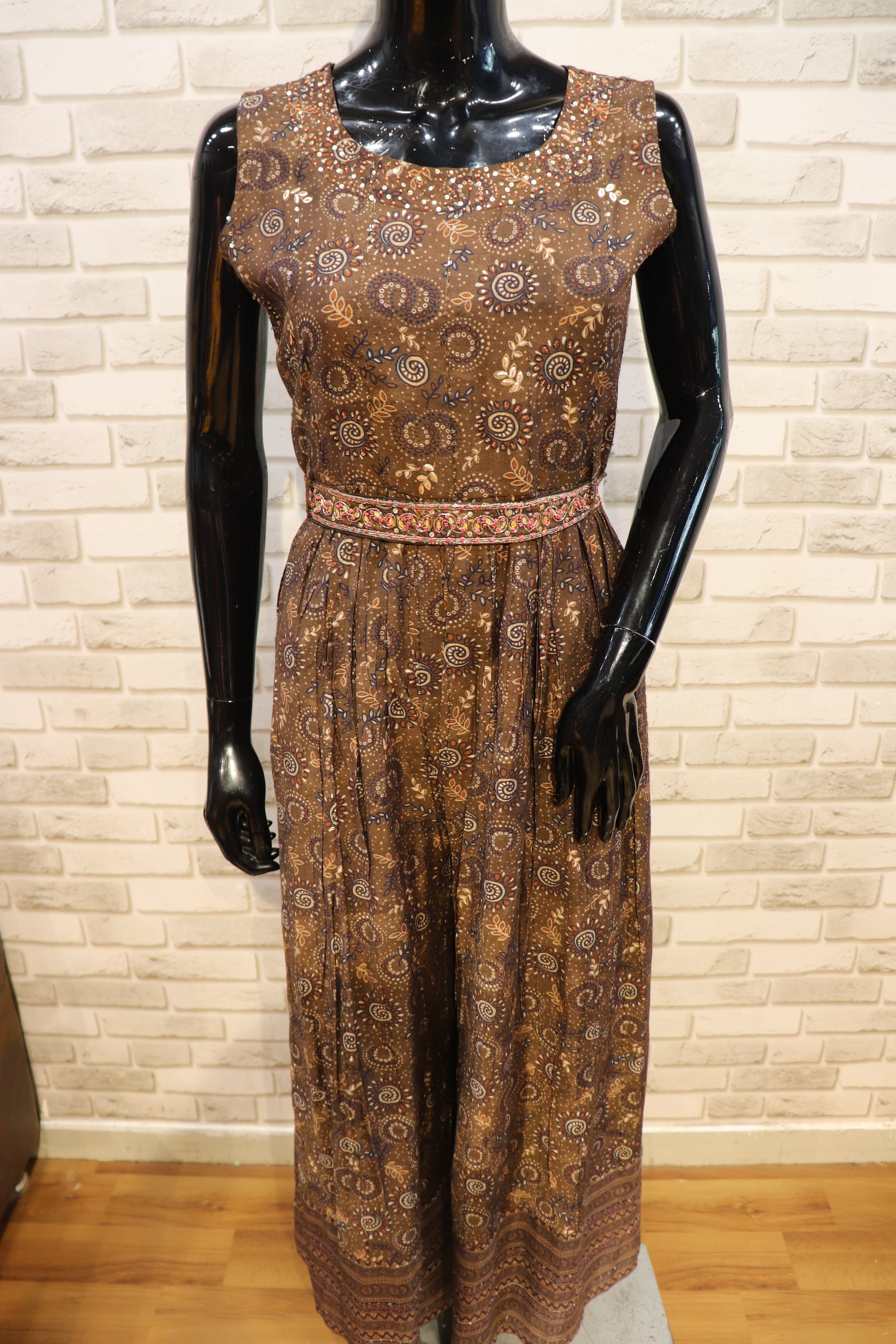 Image of Pure Muslin Brown Jumpsuit with work
