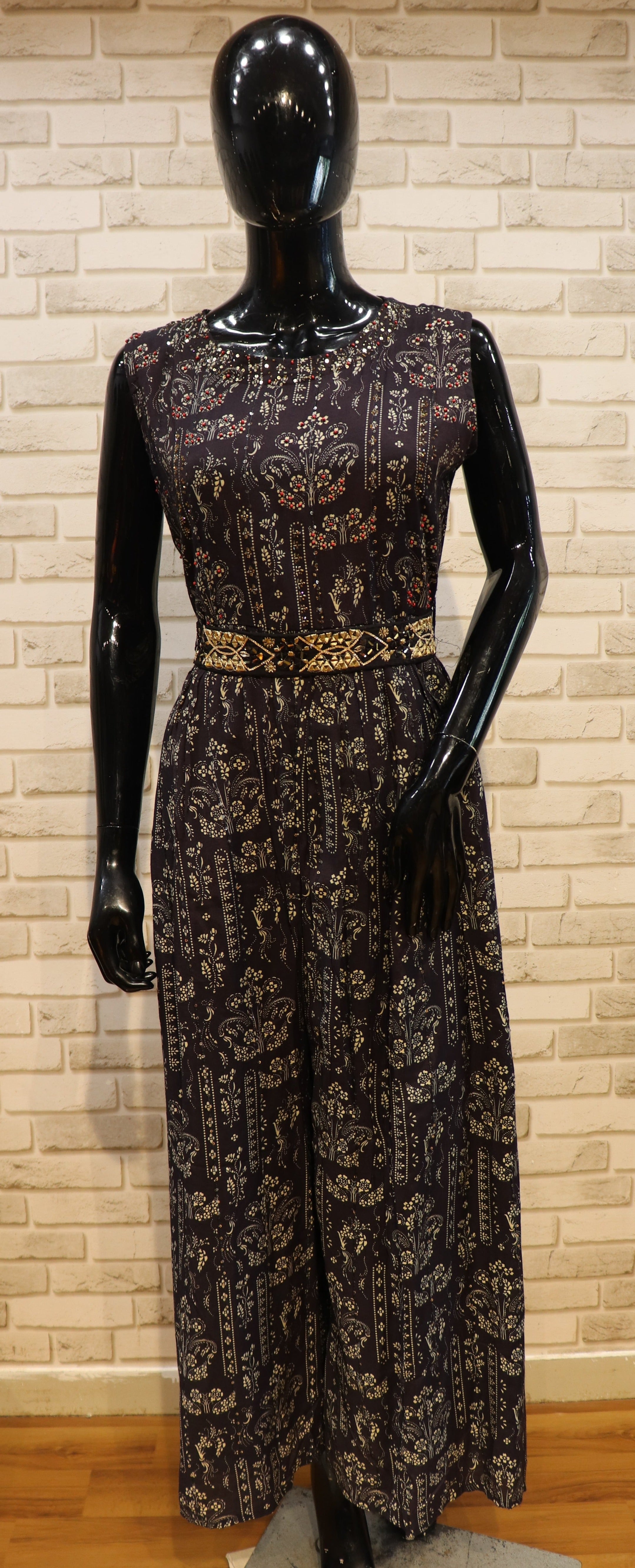 Image of Pure Muslin Denim Blue Jumpsuit with work