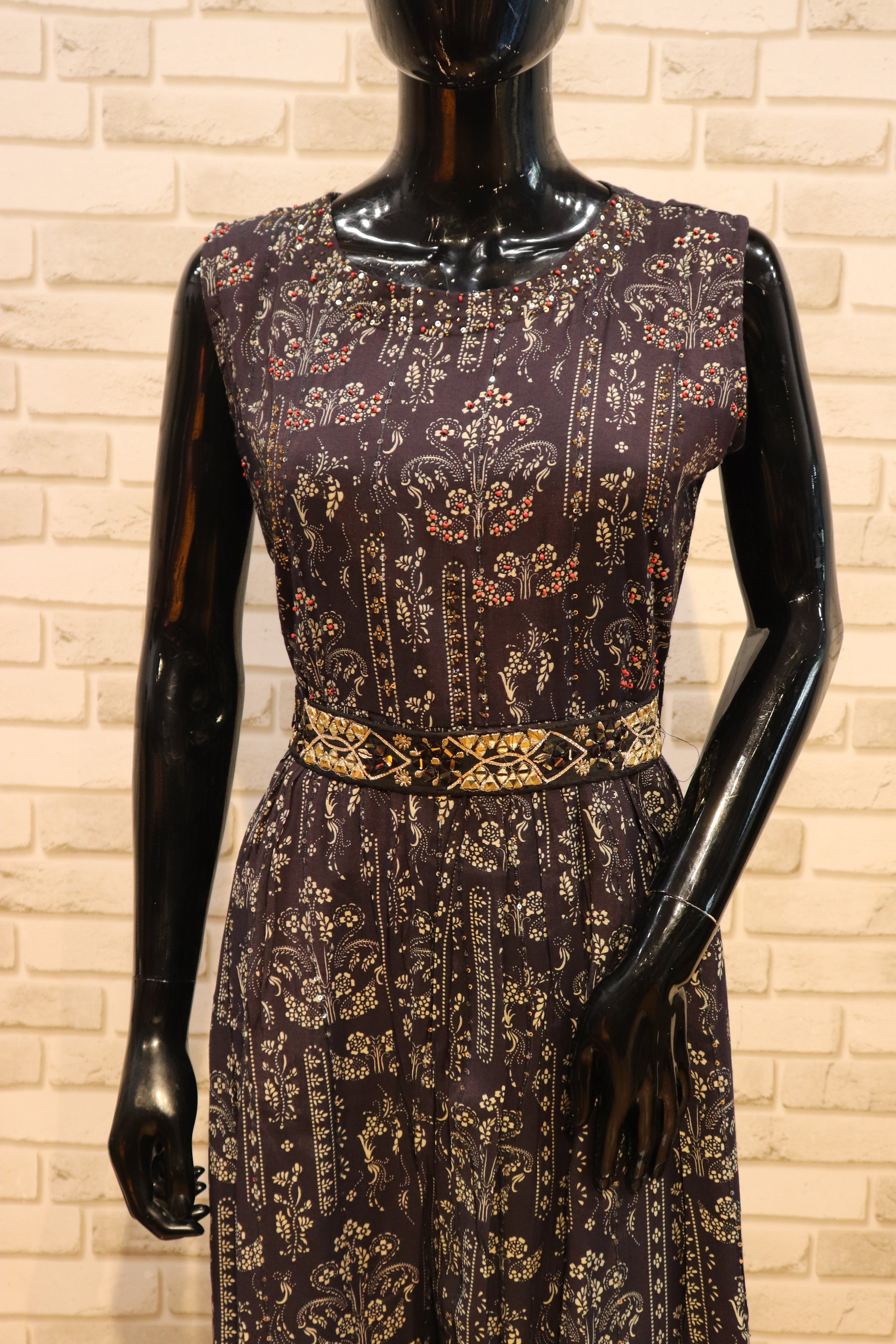 Image of Pure Muslin Denim Blue Jumpsuit with work