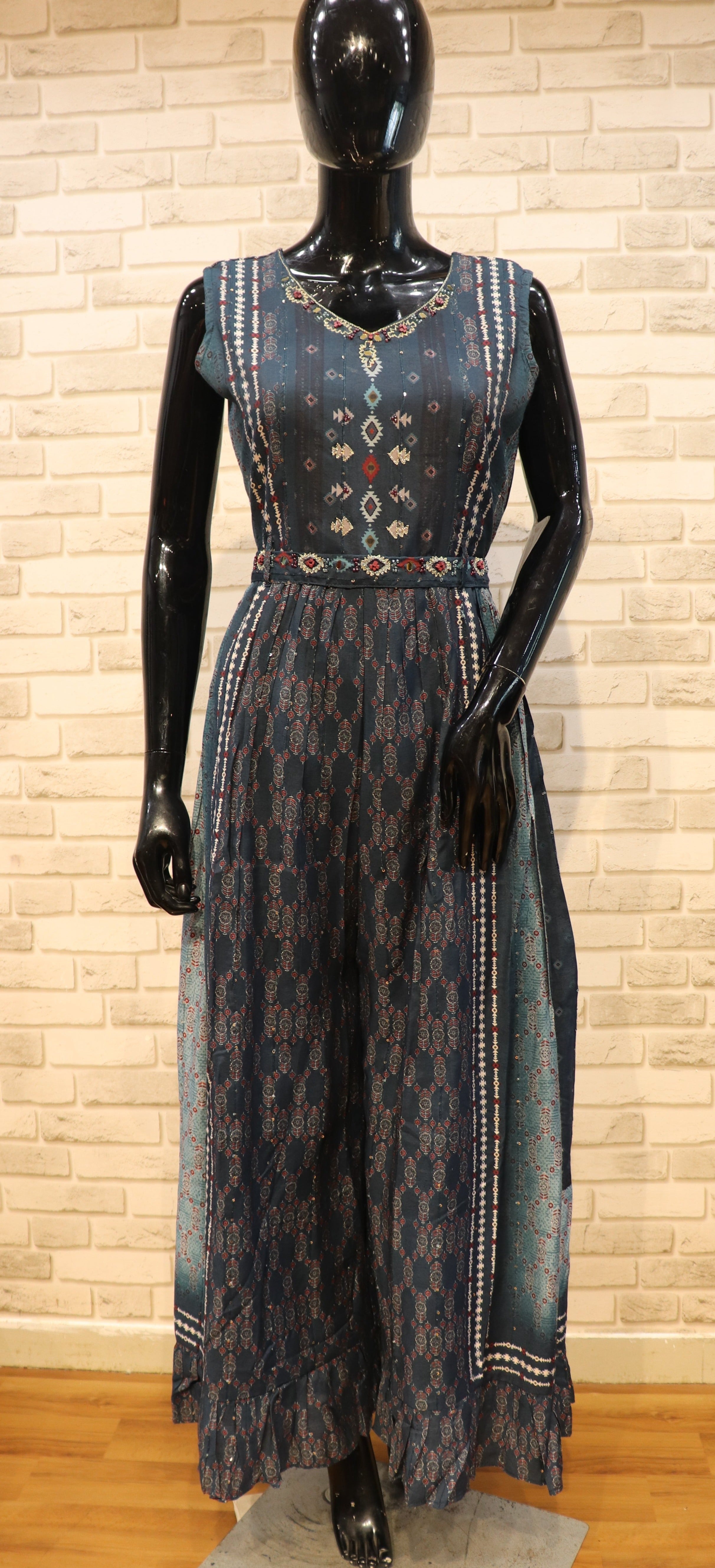 Image of Pure Muslin Midnight Blue Jumpsuit with work