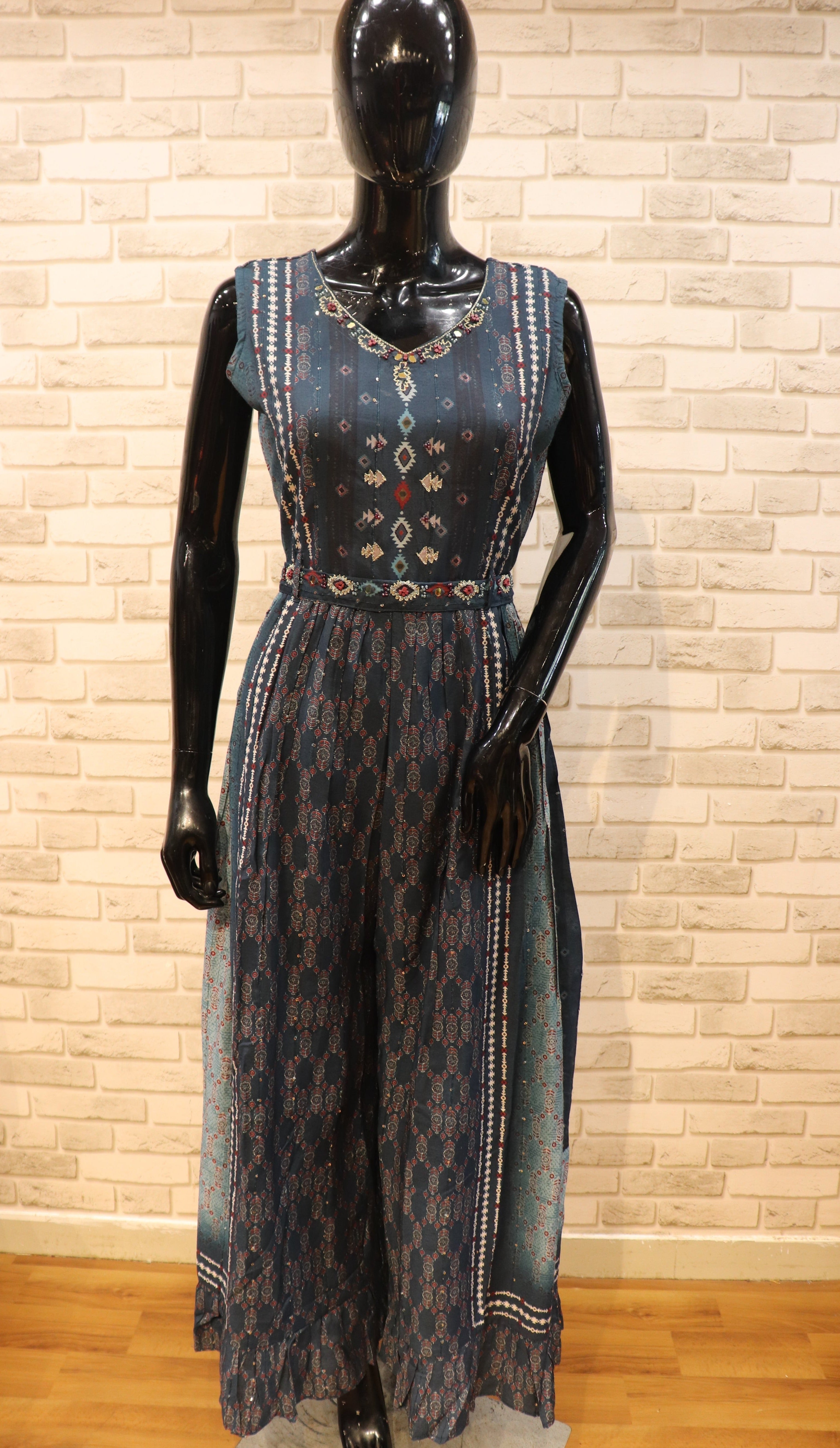 Image of Pure Muslin Midnight Blue Jumpsuit with work