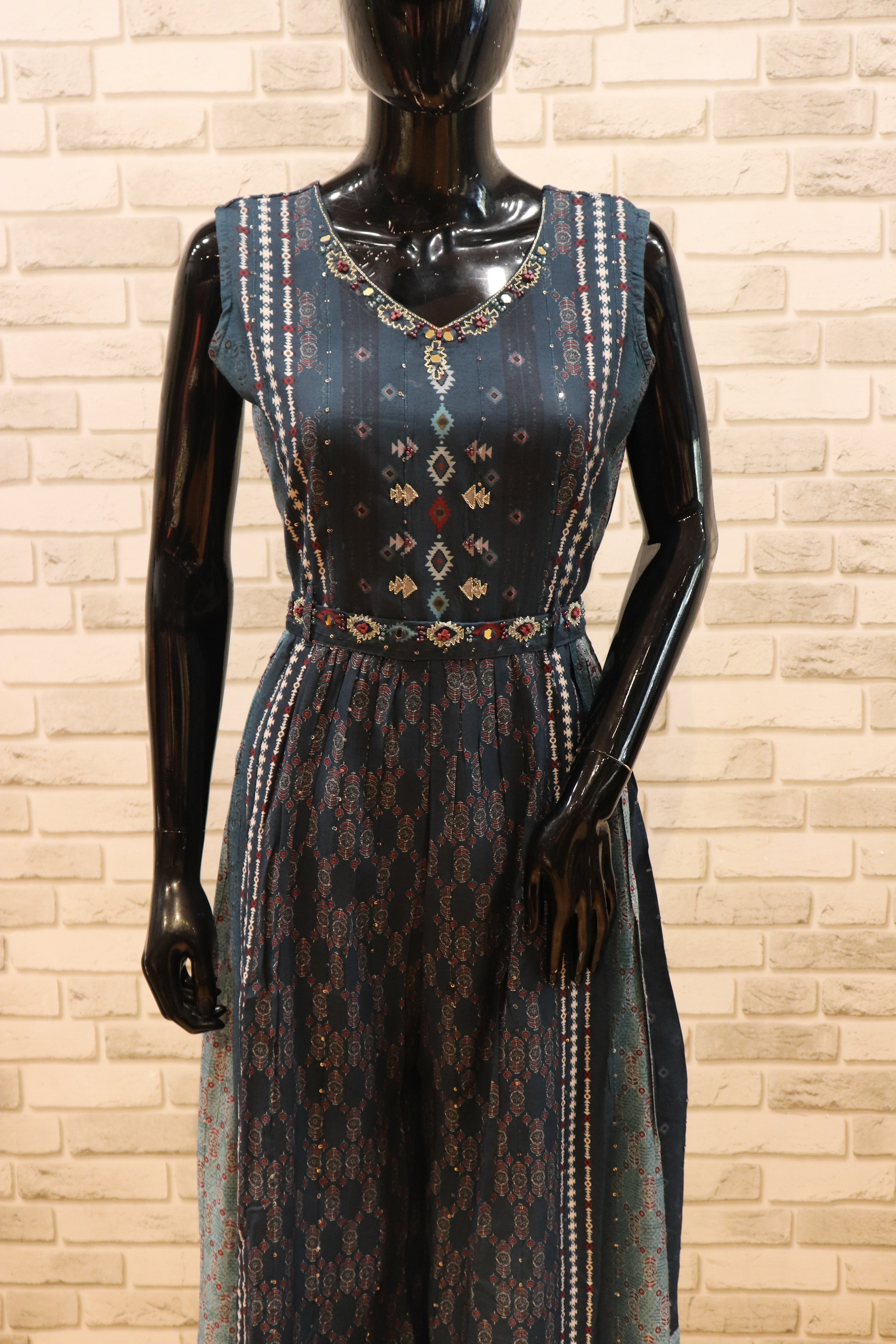 Image of Pure Muslin Midnight Blue Jumpsuit with work