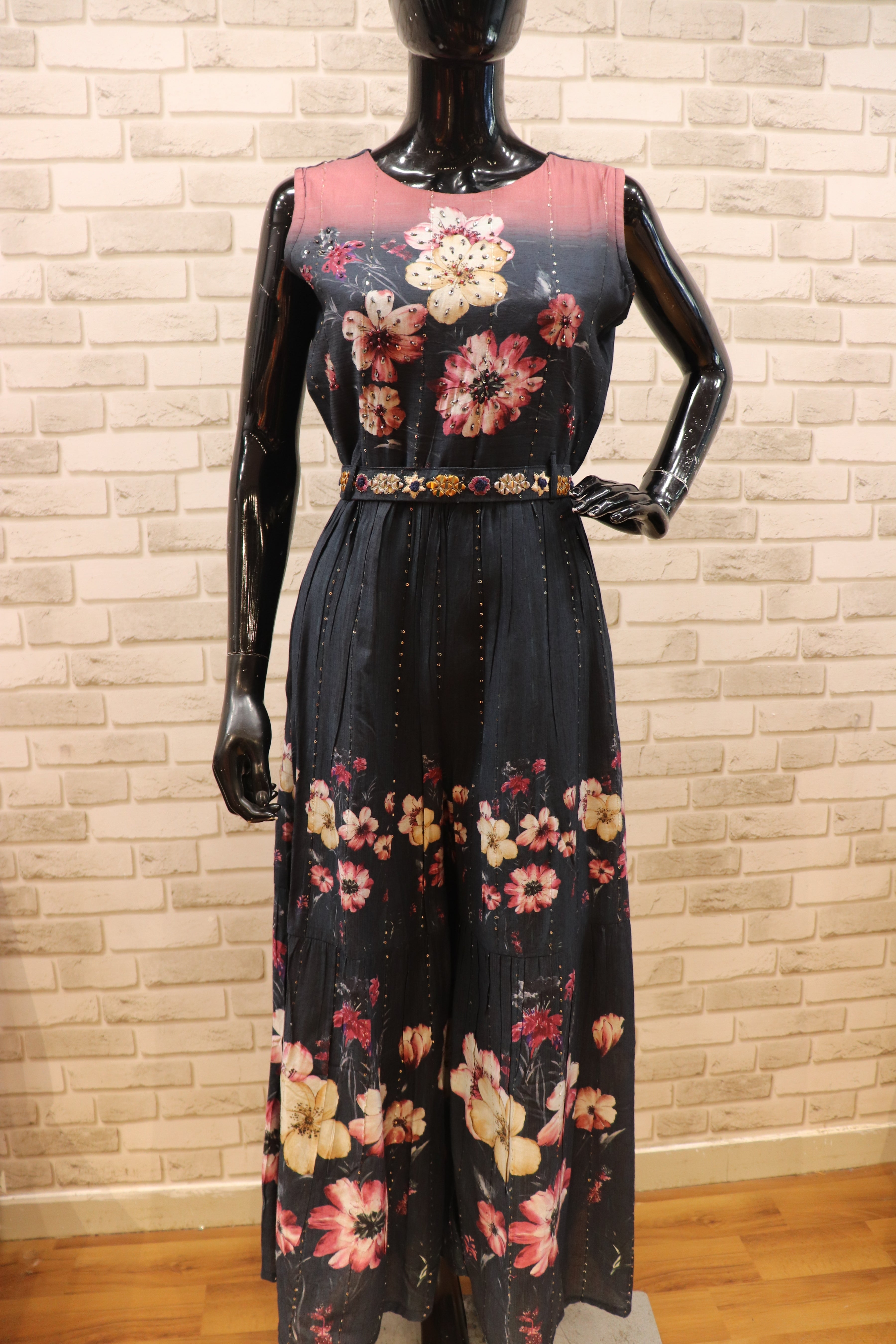 Image of Pure Muslin Dark Blue Sequence Jumpsuit - with belt