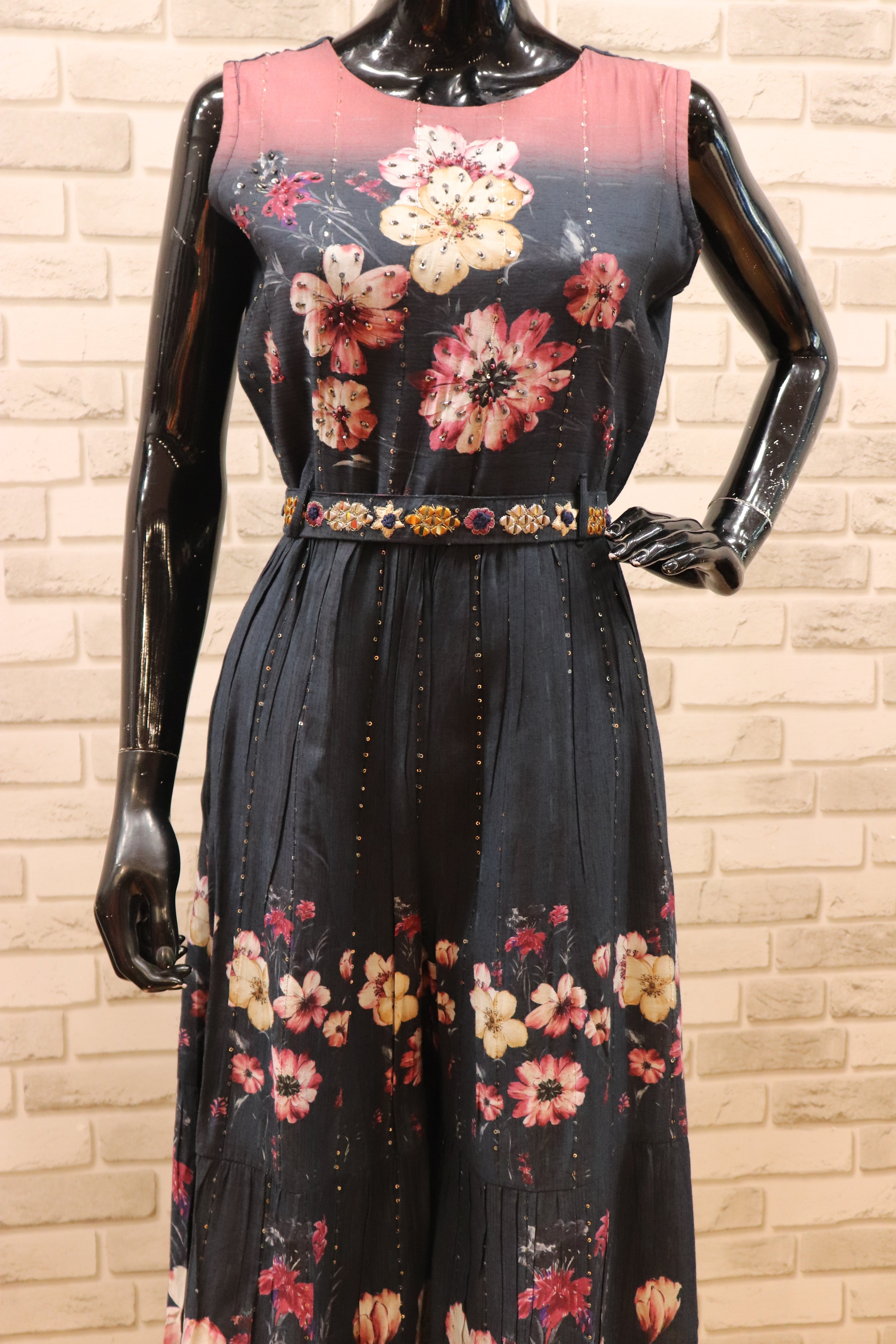 Image of Pure Muslin Dark Blue Sequence Jumpsuit - with belt