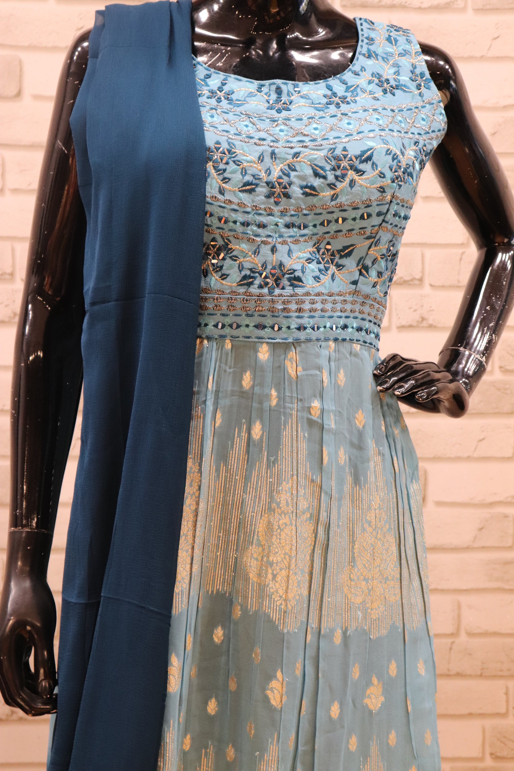 Pure Georgette Naira Cut Kurti Set- Blue