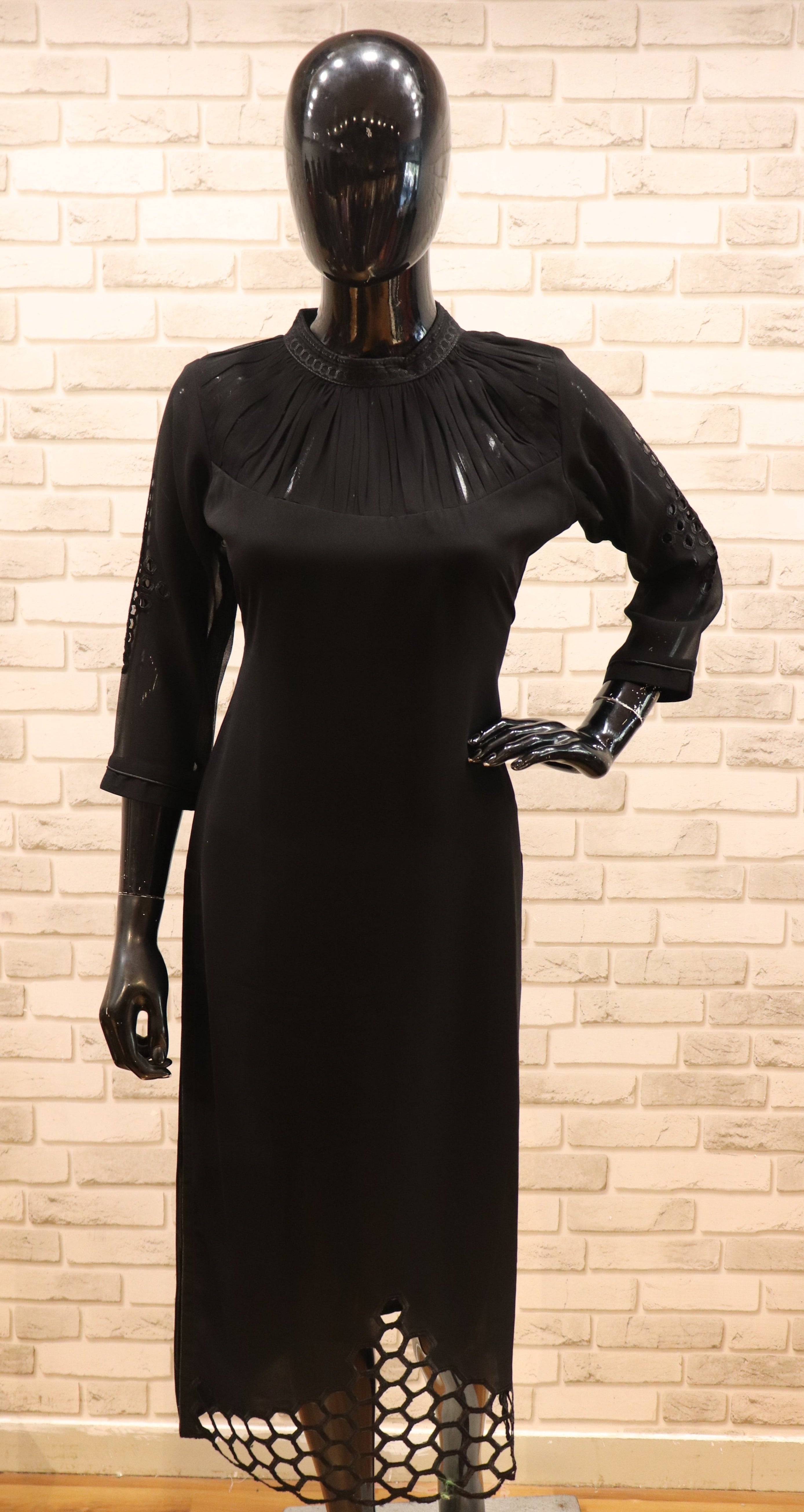 Image of Pure Georgette Royal Neck - Black Kurti
