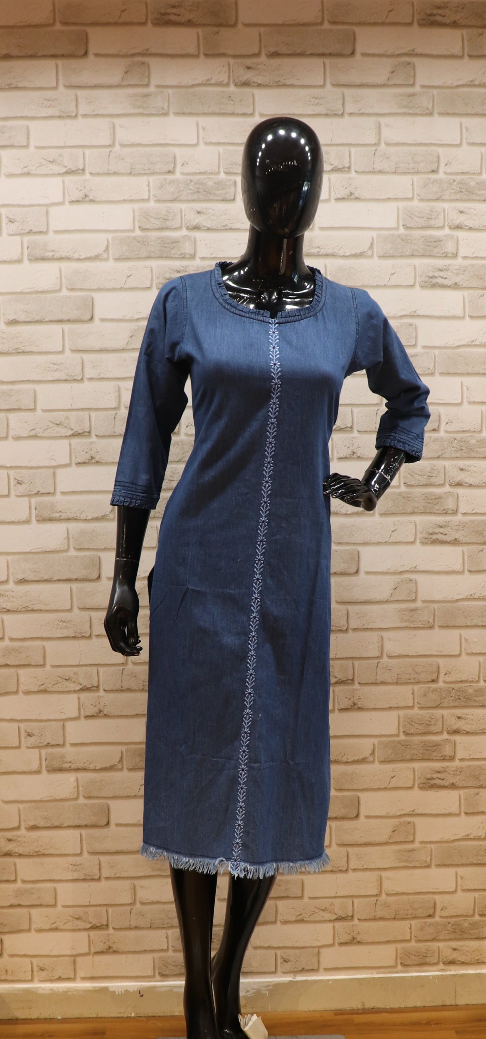 Multi Fabric Straight Kurti- Blue