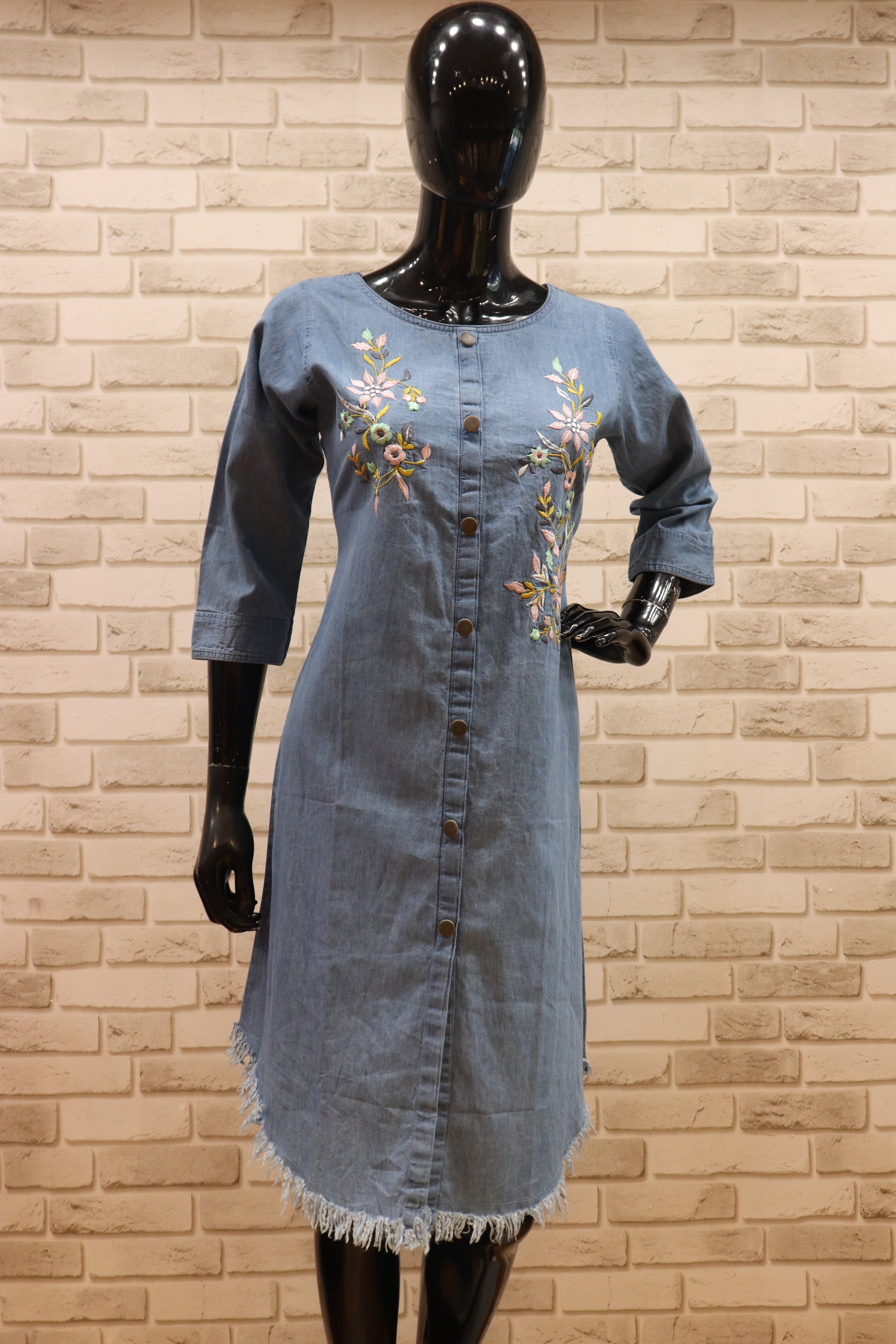 Image of Multi Fabric Blue Kurti - Straight